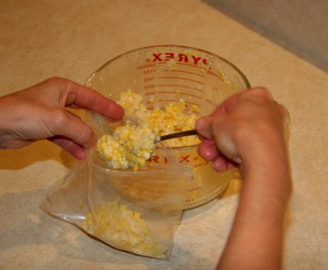 Spooning corn into freezer bag 1