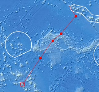 Map showing the transit path of NOAA Ship Okeanos Explorer from Papahānaumokuākea Marine National Monument to Kwajalein Atoll