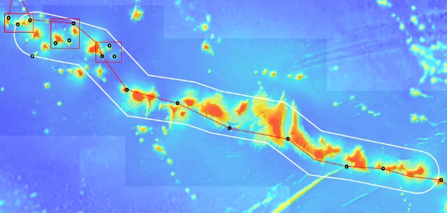 The project area to be explored within and around Papahānaumokuākea Marine National Monument (white boundary) with possible dive sites photo