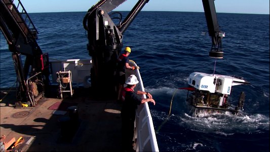 ROV Deep Discoverer is recovered after the first successful dive of the expedition