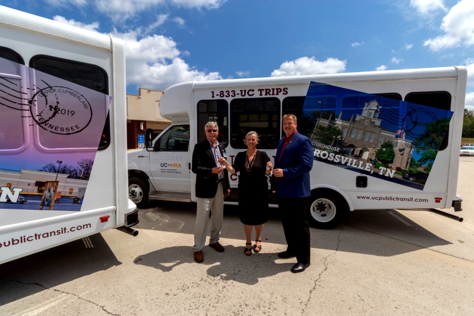 Mayor James Mayberry (Crossville), Becky Harris (UCHRA), Mayor Allen Foster (Cumberland County), Ride Upper Cumberland bus