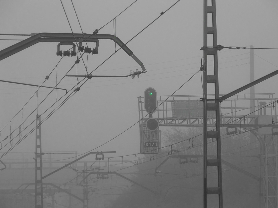 Fog green traffic light train line