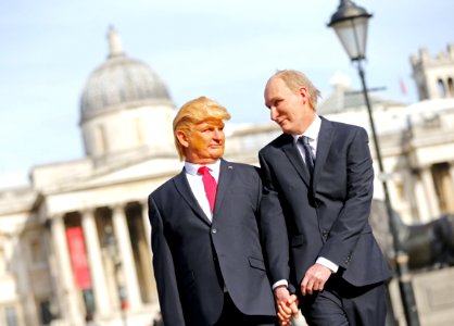 Presidents Vladimir Putin and Donald Trump arrived in London on horseback for Paddy Power, London, UK, 13th March 2017