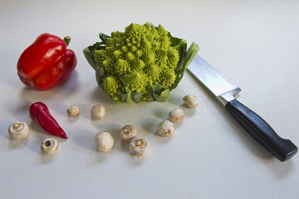 Button mushrooms chef's knife vegetables