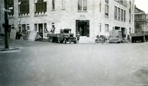 Chief Post Office, Bond and Liverpool Streets, showing Contractor’s Material on Footways, 1937