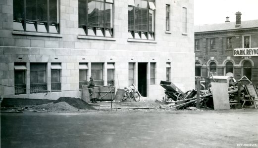 Chief Post Office, Bond and Liverpool Streets, showing Contractor’s Material on Footways, 1937