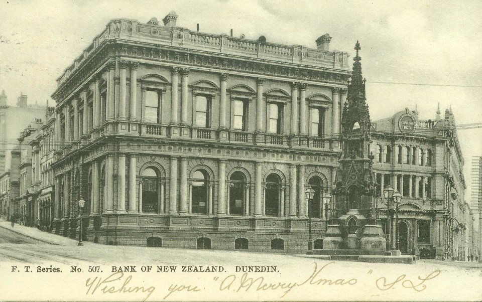"Wishing You a Merry Xmas" - postcard featuring Bank of New Zealand, Princes Street