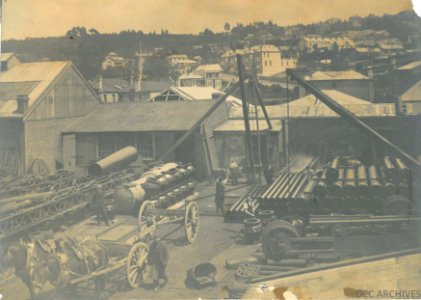 Loading Area at Cossens and Blacks yard (pipes for Waipori Power Station)