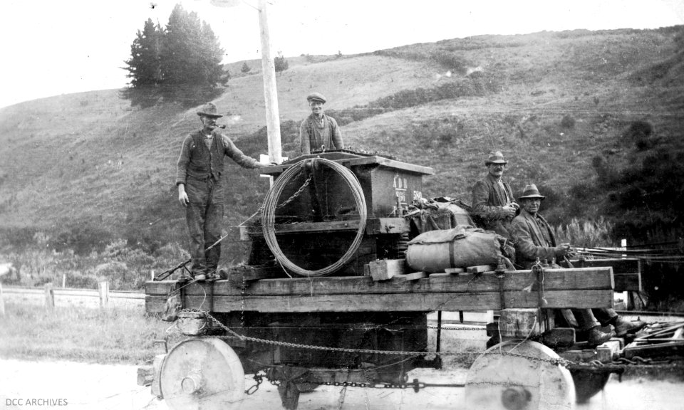 Transformer loaded onto horse drawn wagon enroute from Lawrence to Waipori 1930