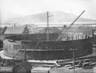 Gasholder at Dunedin Gasworks being constructed, 1927