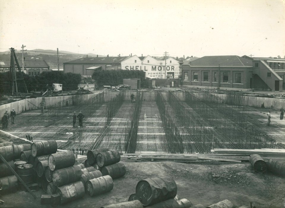 Gasholder at Dunedin Gasworks being constructed, 1927