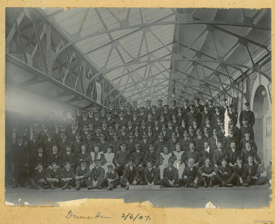 Combined Transport Staff (Railways and Tramways) at Dunedin Railway Station 1907