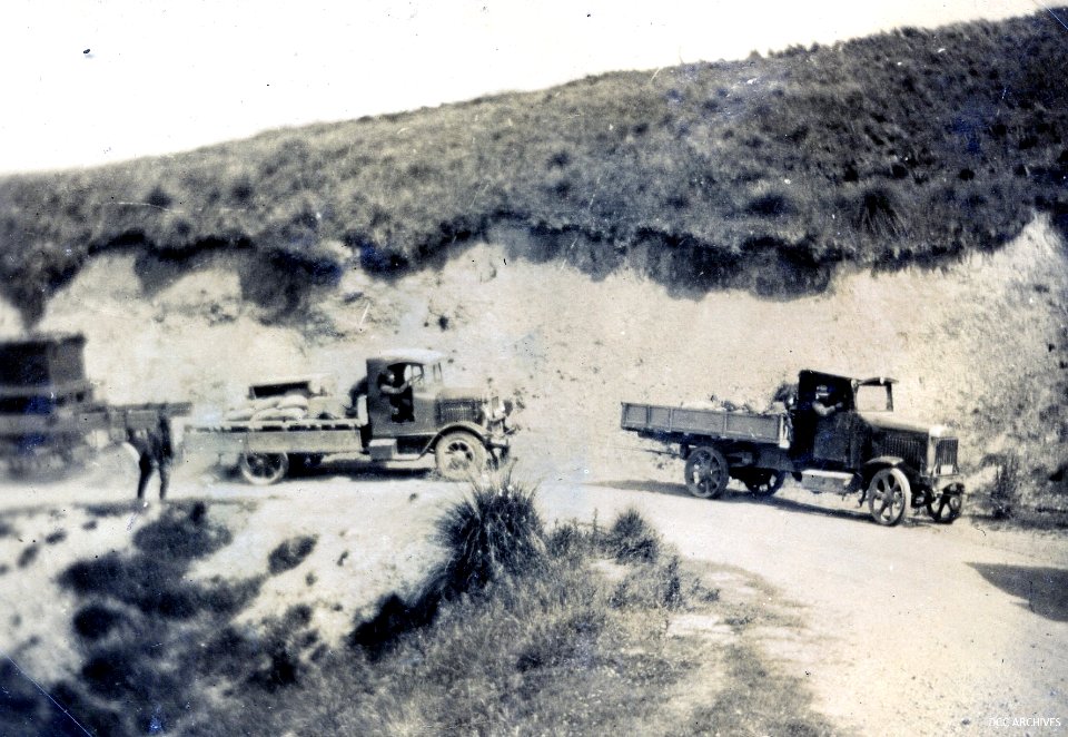Trucks moving equipment to Waipori