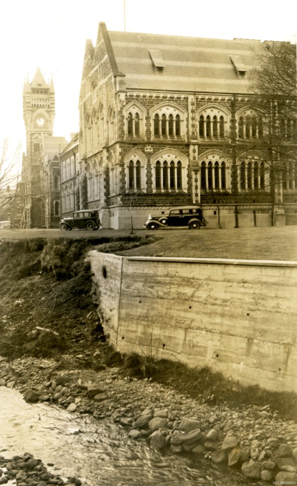 View of University of Otago Clocktower from Union Street Bridge, 1936