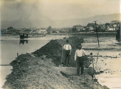 Early work on reclaimed Pelichet Bay for building work for New Zealand South Seas Exhibition 1923