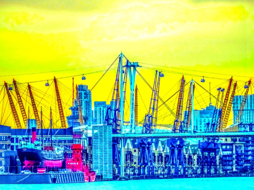 The Millennium Dome. The London Cable Car. Docklands Bridge. A Lightship. A ship. Buildings. The more you look the more you see!