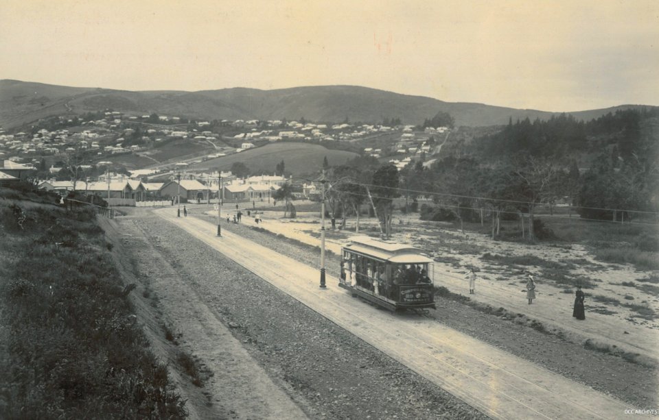 Tram along George Street looking towards Opoho