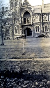 View of University of Otago Clocktower building from Castle Street, 1936