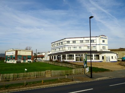 THE  Art Deco GRAND HOTEL SANDOWN ISLE OF WIGHT. In 1947 Hollywood Star Jean Simmonds stayed here. The building has been disused and derelict for a number of years. There is talk of demolition. It would be nice if someone could restore it.