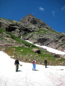 Hikers on a Snowfield in Summer, Great Sand Dunes National Preserve