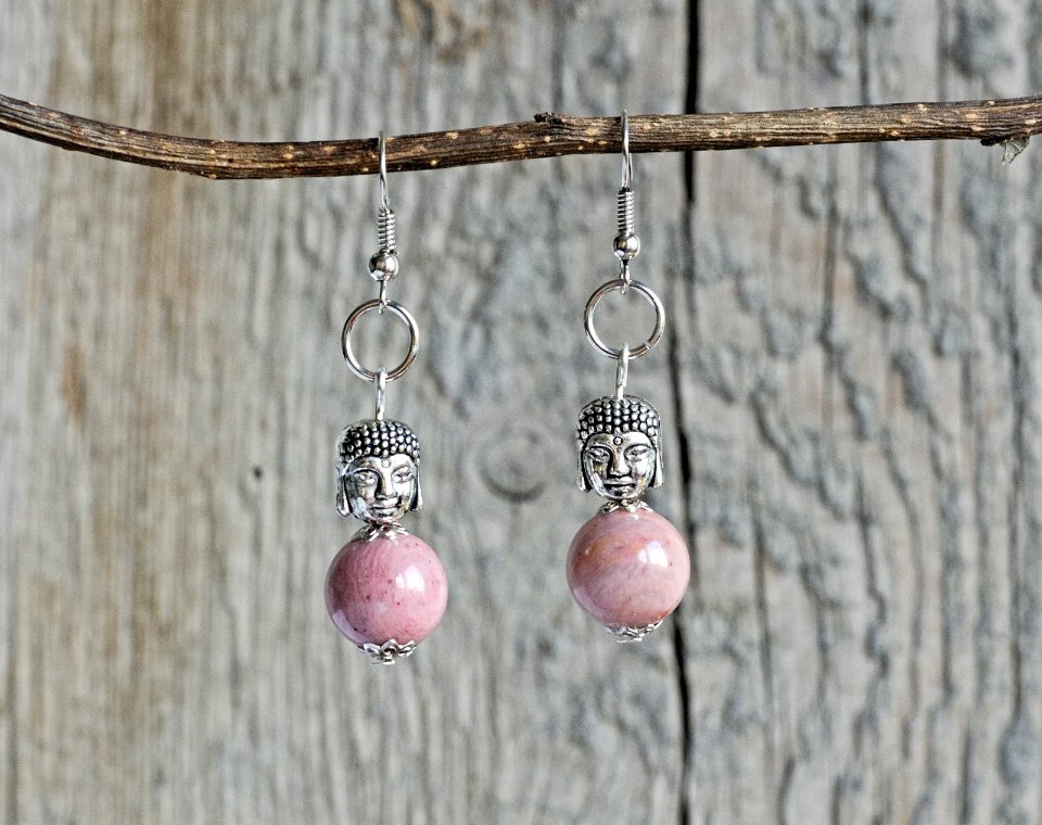 rhodochrosite pink buddha earrings