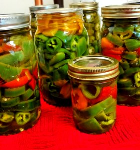 Refrigerator pickled peppers cooling on table photo
