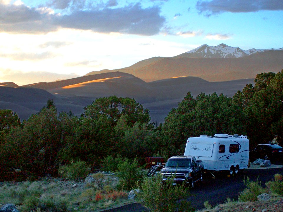 Campsite with Trailer and View of Dunes and Cleveland Peak