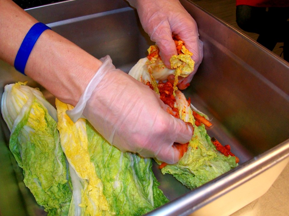 Stuffing cabbage leaves for kimchi 3