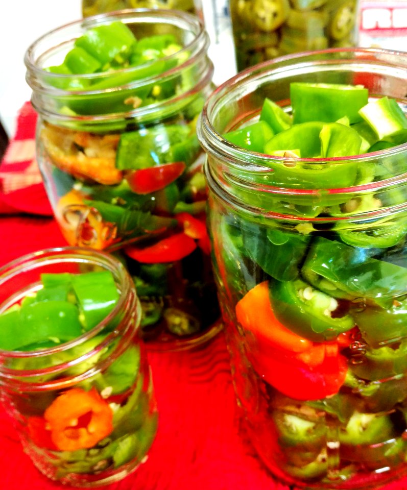 Cut pepper pieces ready for vinegar brine to be added photo