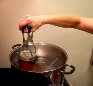 Keeping processed tomatoes level lifting them from the canner photo