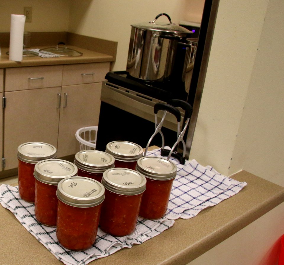 Canned tomatoes cooling on counter