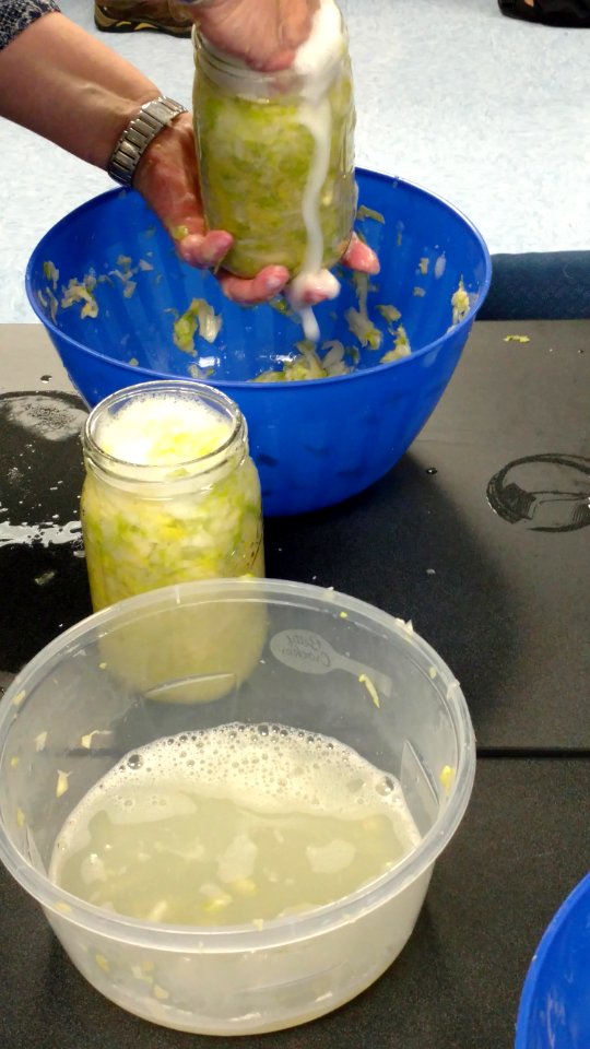 Packing cabbage into mason jars