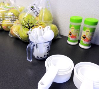Pears, measuring cups and spoons, Fruit Fresh