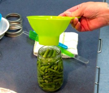 Using funnel to fill jar with green beans photo