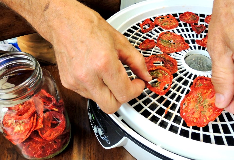 Transferring dried tomatoes to conditioning jar