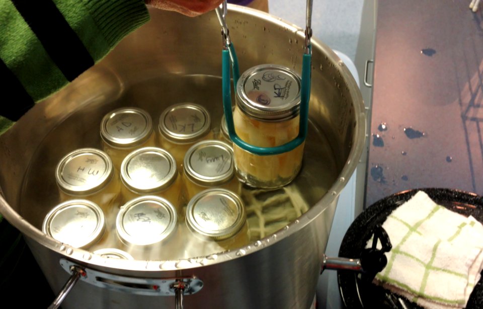 Removing processed pears from canner