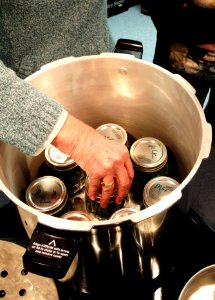 Placing prepared jars in pressure canner photo