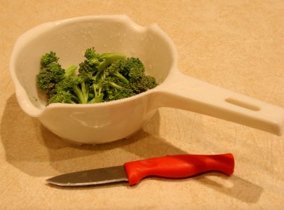 Cutting broccoli into smaller pieces for freezing photo