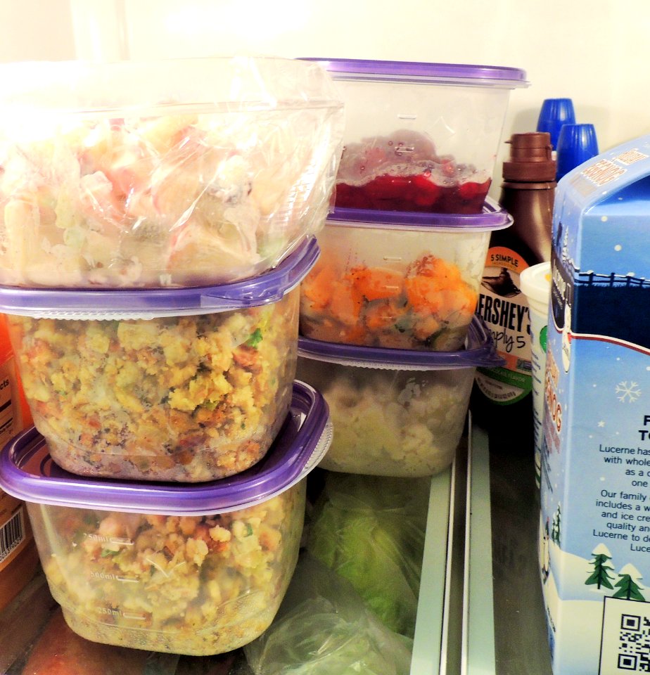 Holiday leftovers stored safely in the refrigerator.