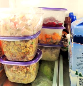 Holiday leftovers stored safely in the refrigerator.
