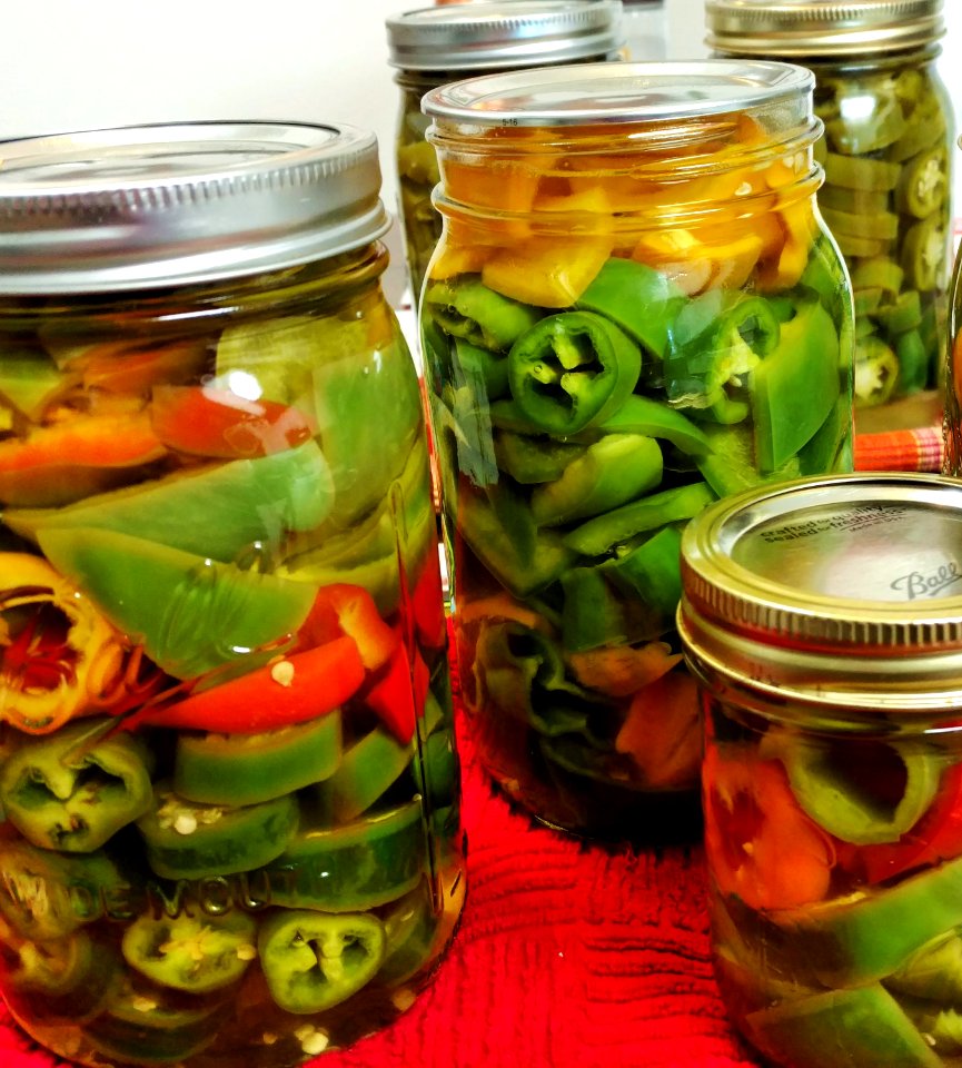 Pickled peppers with vinegar solution cooling photo