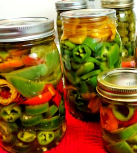 Pickled peppers with vinegar solution cooling photo