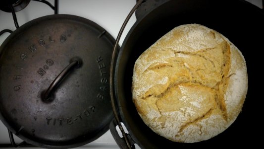 No-knead sourdough bread in Griswold Dutch Oven photo