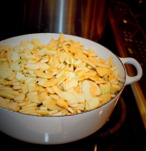 Freshly-cut apples prepared for applesauce photo