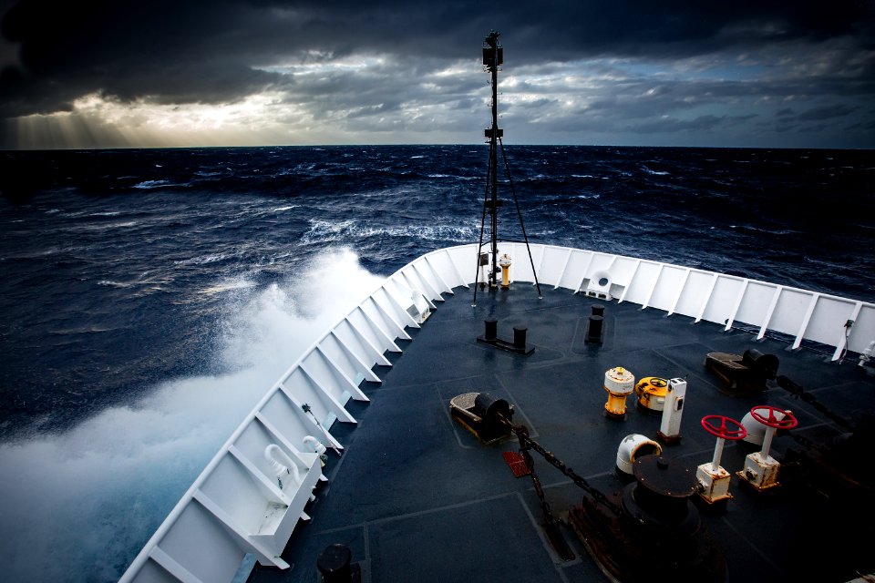 The Okeanos Explorer beats its way into heavy seas