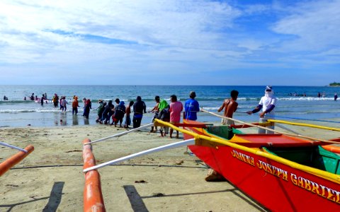Fisherman Hualing ashore their nets.Ilocos Norte.