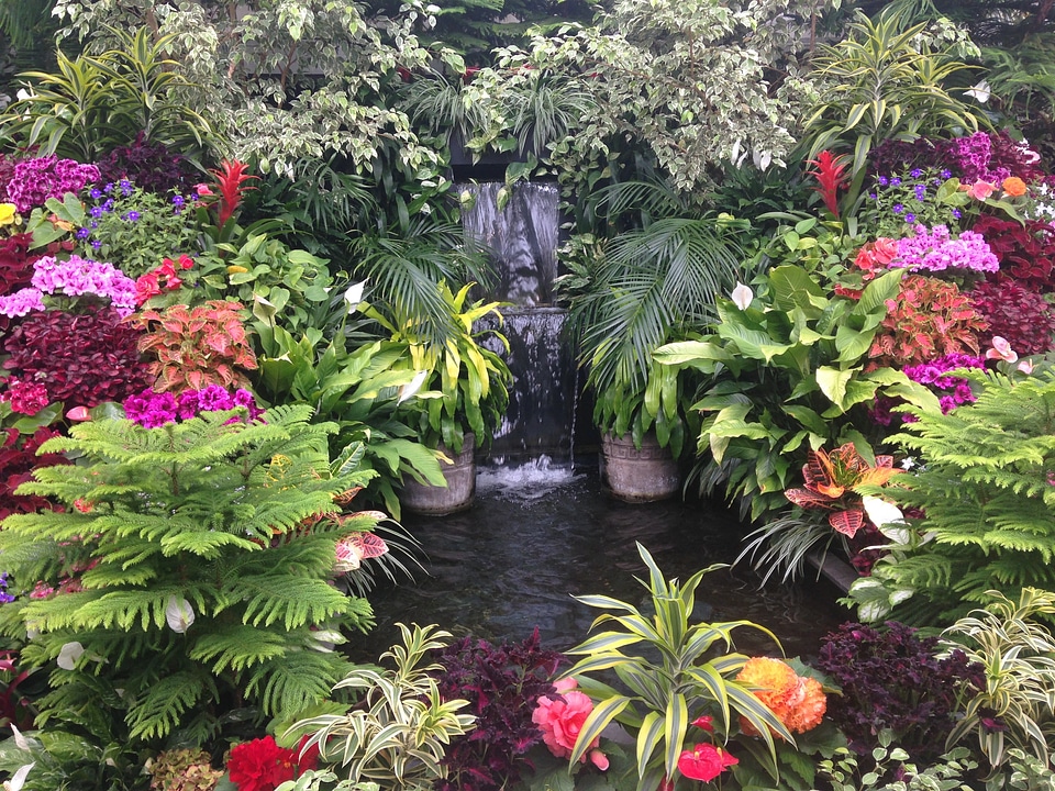 Colorful flowers garden waterfall