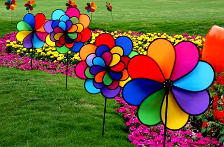 Colorful windmills Shenzhen China.