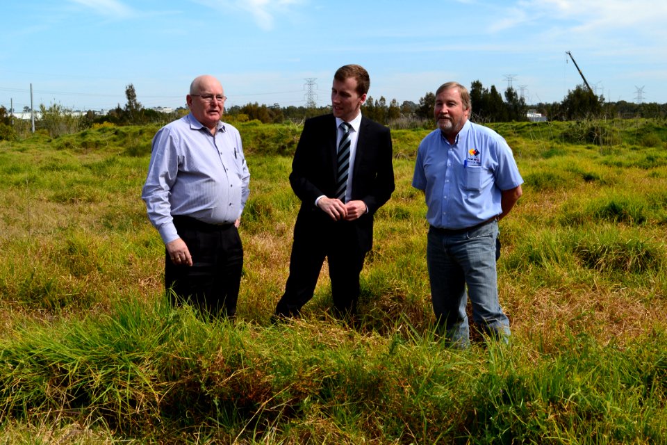 Holroyd City Council Mayor Ross Grove with John Perry and Councillor Greg Cummings announcing a new draft masterplan for Gipps Road and Hyland Road Parks in Greystanes
