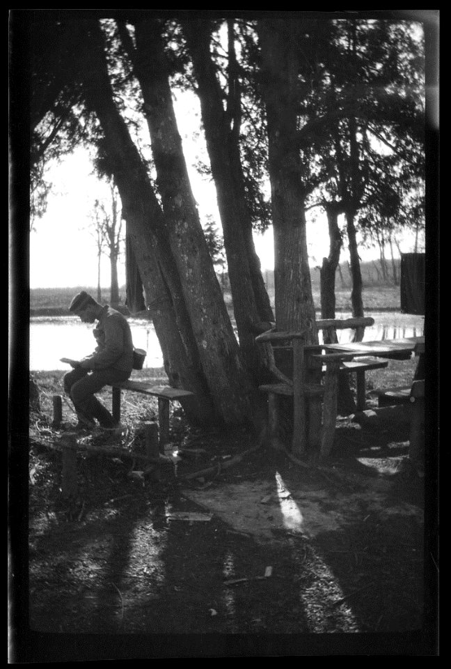 soldier reading in the shade of a tree